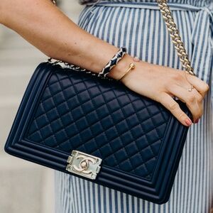 LARGE BOY CHANEL HANDBAG In navy blue with gold hardware NEW IN BOX